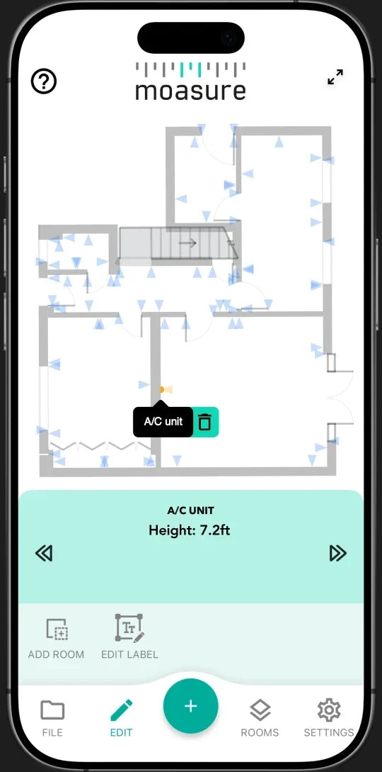 App Moasure: un punto di interesse etichettato su una planimetria
